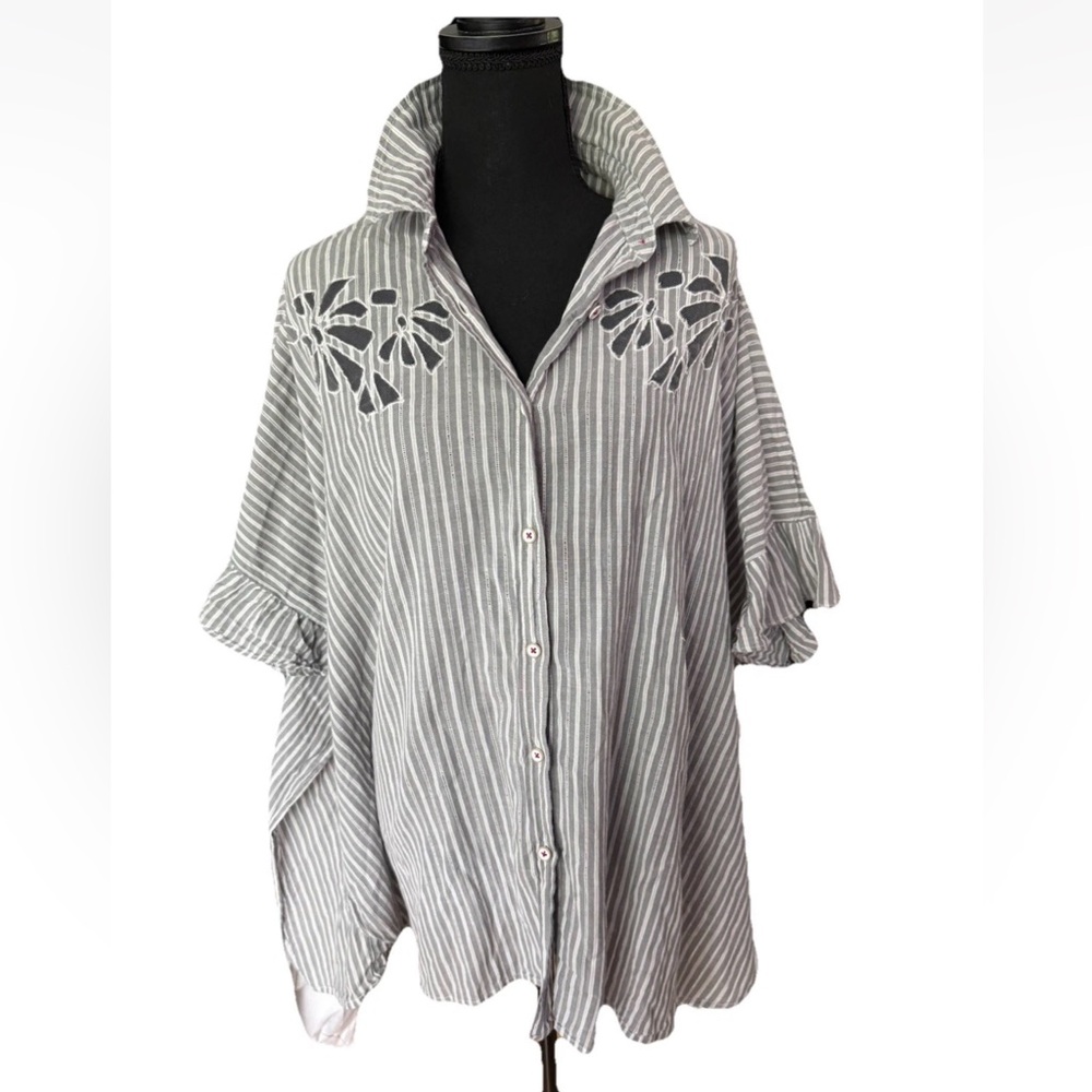 Maeve Gray & White Striped Button-Down Shirt with Floral Cutouts